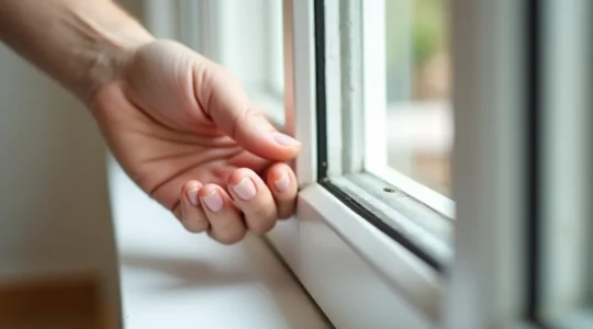 Gros plan sur une main inspectant les joints d'une fenêtre avec des signes de défaillance