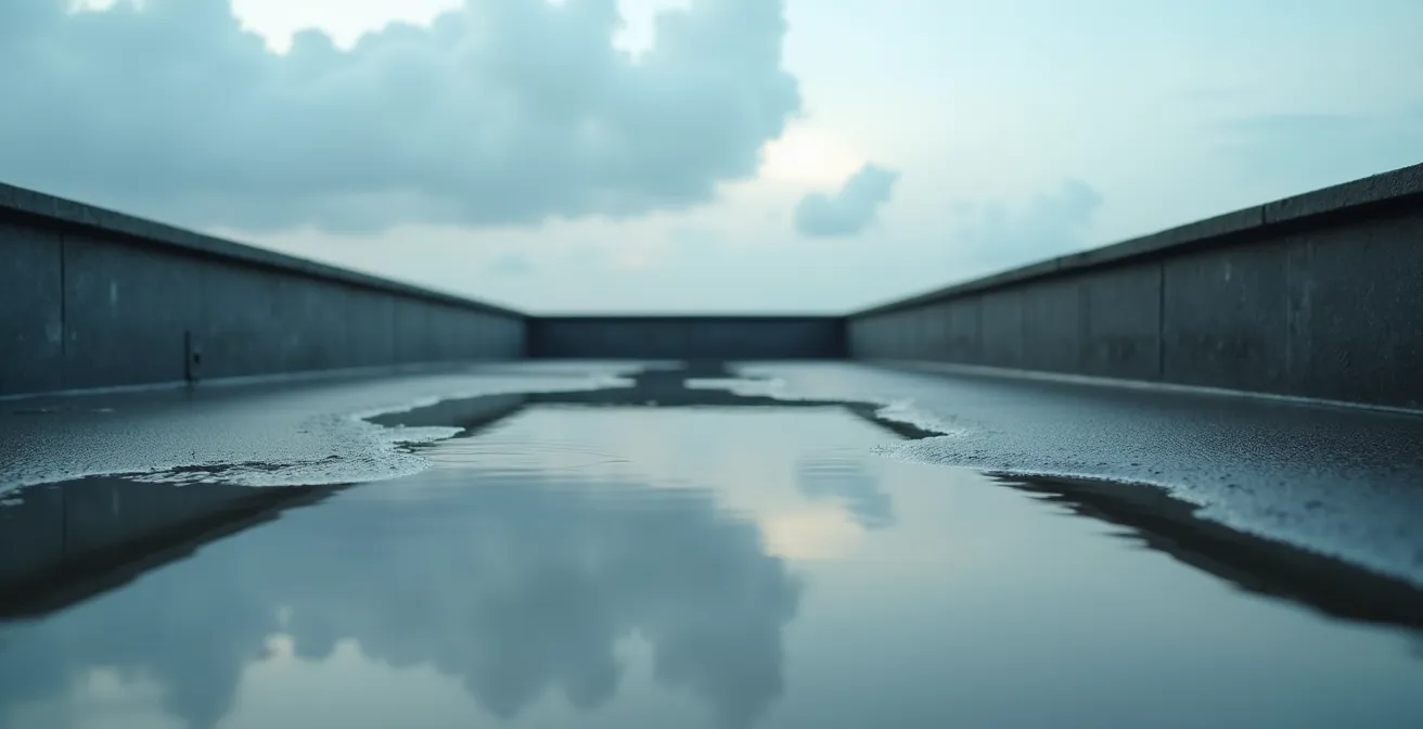 Vue rapprochée d’une flaque d’eau stagnante sur un toit plat après la pluie