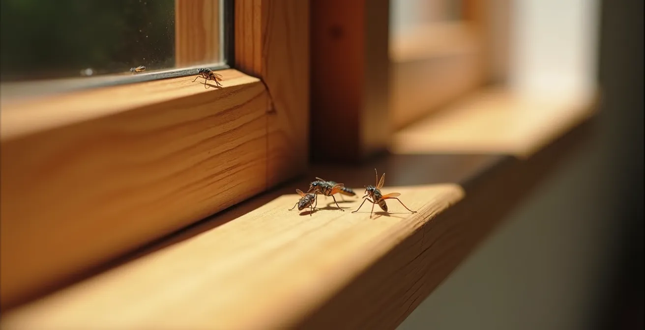 Petits insectes voltigeant près du cadre d'une fenêtre en bois