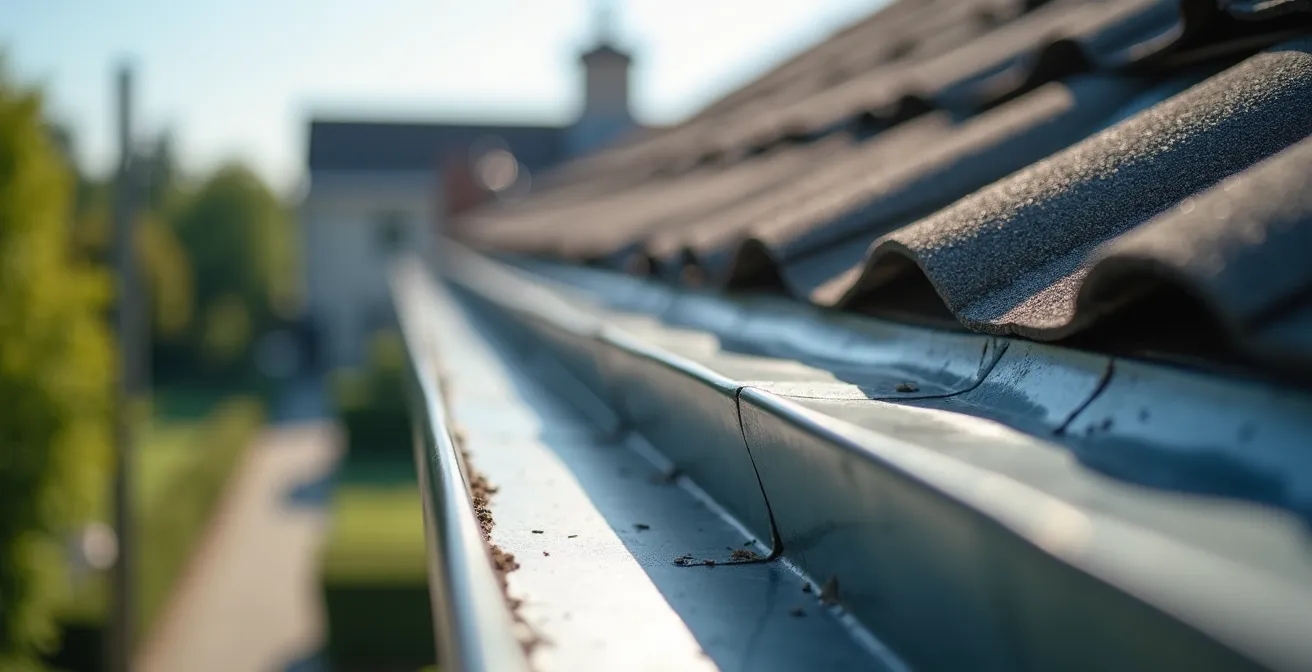 Vue macro d’un solin métal bien fixé avec gouttière propre sur toit plat