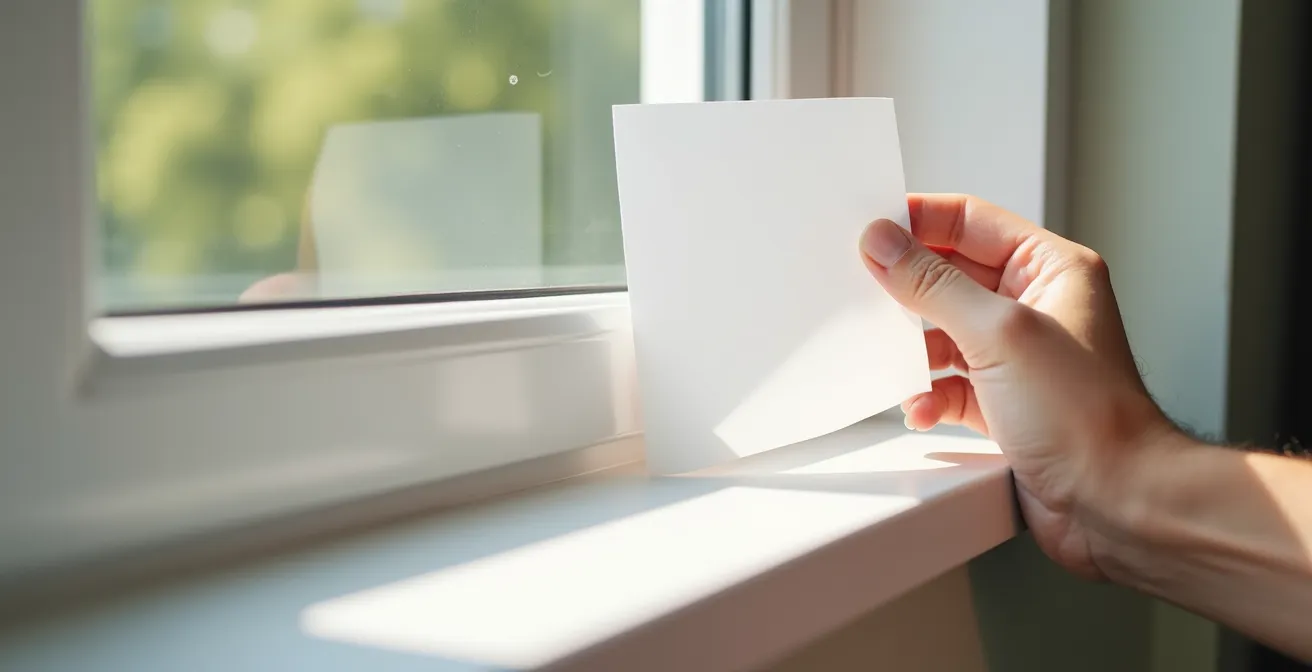 Main tenant délicatement une feuille de papier blanc contre le cadre d'une fenêtre