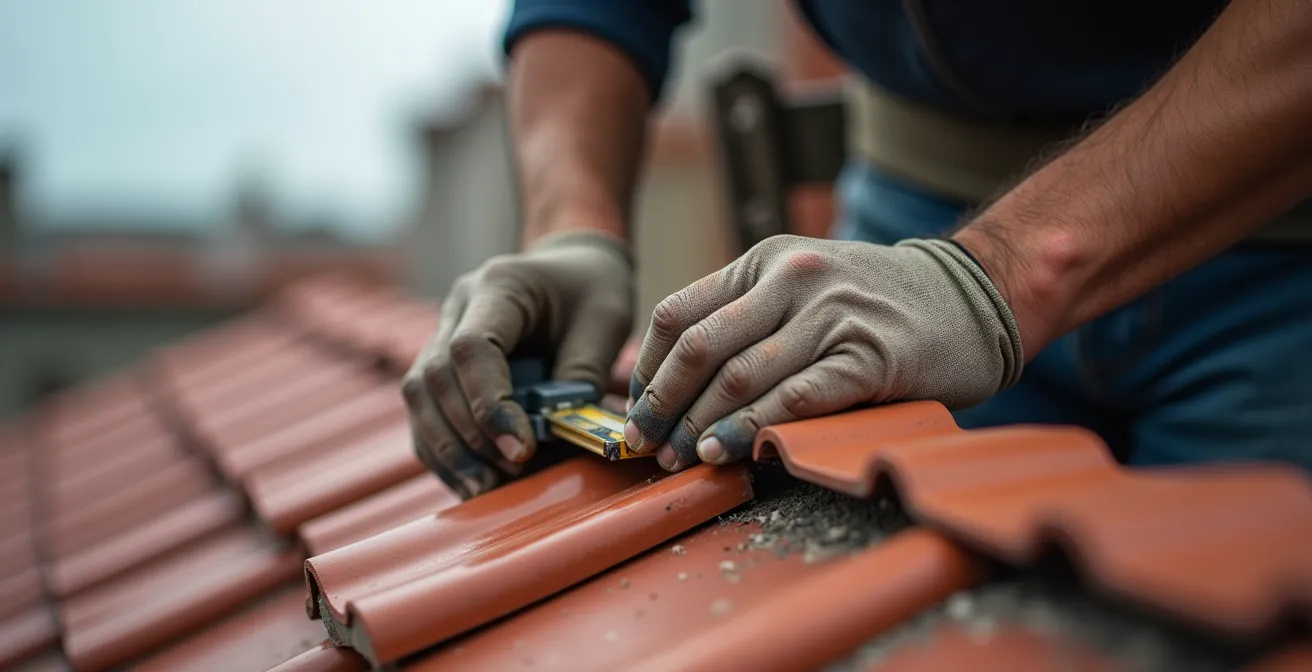 Gros plan sur les mains d'un professionnel inspectant des tuiles sur une toiture