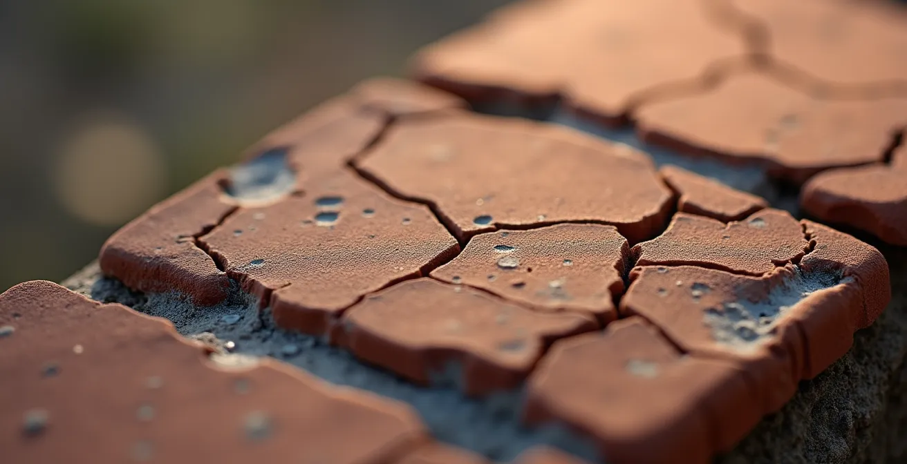 Détail macro d'une tuile montrant des microfissures et l'usure du matériau