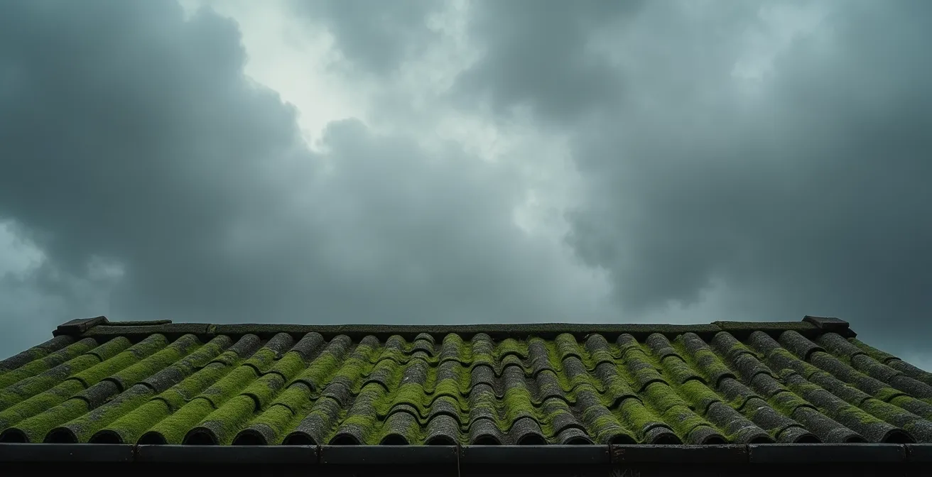 Vue environnementale d'une toiture exposée aux intempéries avec accumulation de mousse
