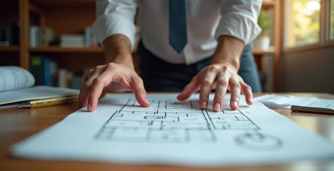 Mains examinant des documents de diagnostic avec calculatrice sur table en bois