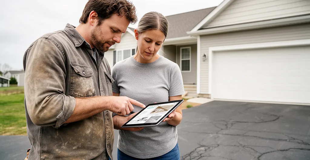 Façadier et propriétaire consultant ensemble un planning sur tablette devant maison rénovée