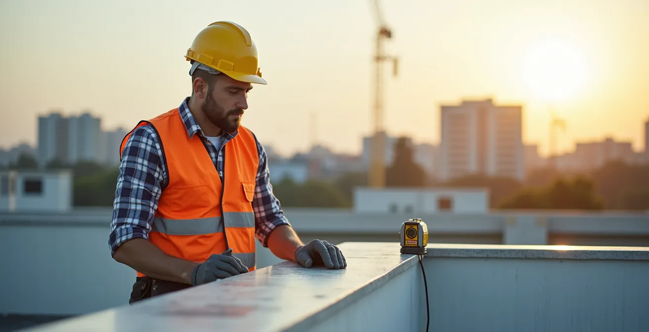 Technicien inspectant la surface plane d'un toit avec un équipement de mesure laser