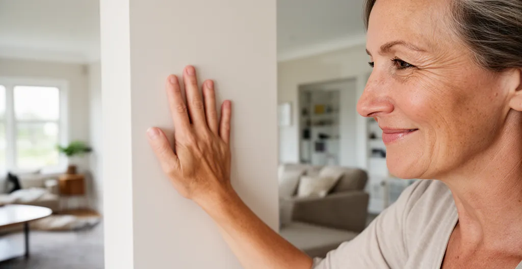 Propriétaire posant la main sur un mur intérieur rénové avec satisfaction