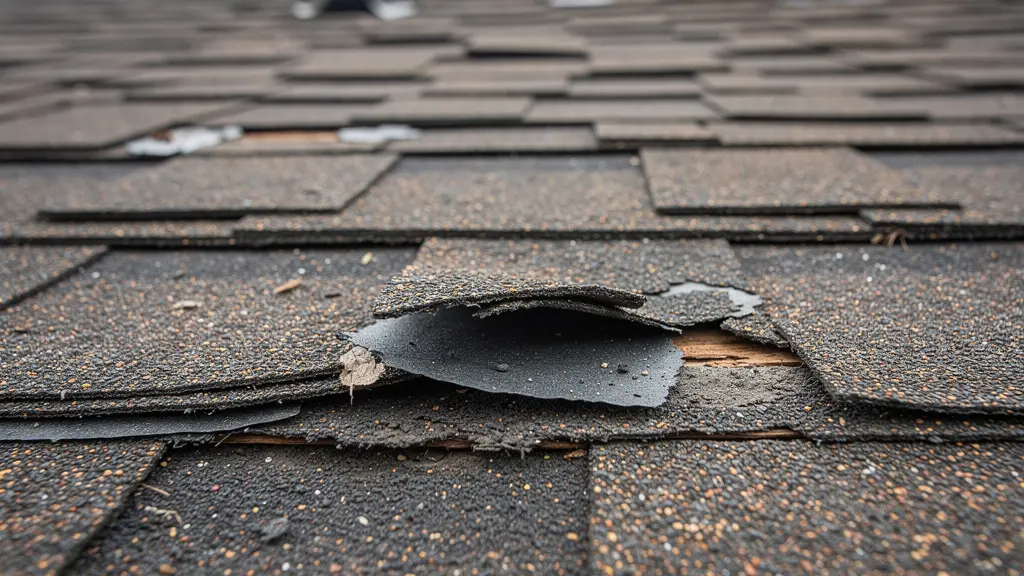 Détail de bardeaux d'asphalte usés montrant signes de remplacement toiture