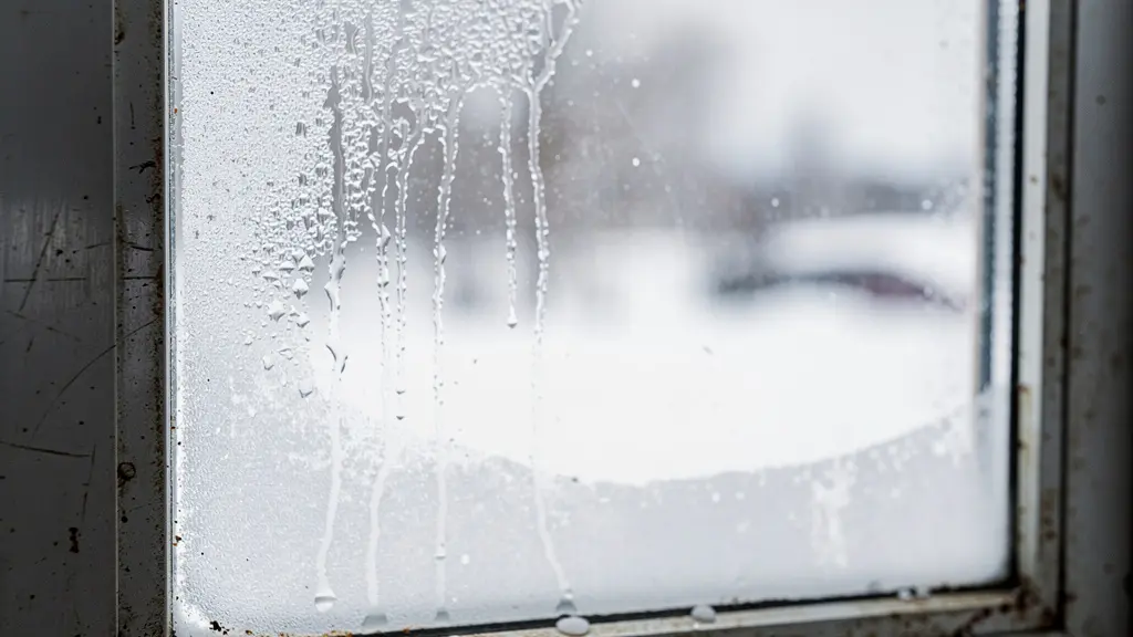 Condensation et givre sur ancienne fenêtre aluminium montrant les pertes de chaleur