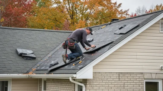Couvreur installant des bardeaux d'asphalte sur toiture résidentielle Rive-Nord
