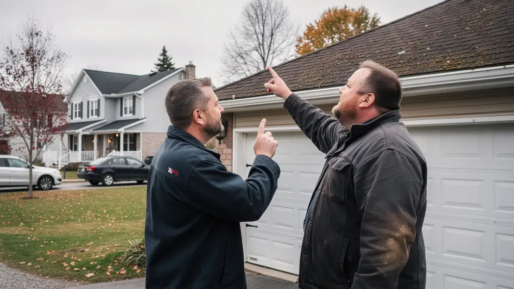Propriétaire et couvreur discutant devant maison résidentielle Rive-Nord