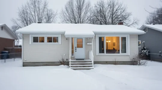 Maison québécoise en hiver avec fenêtres modernes PVC visibles et lumière intérieure chaleureuse