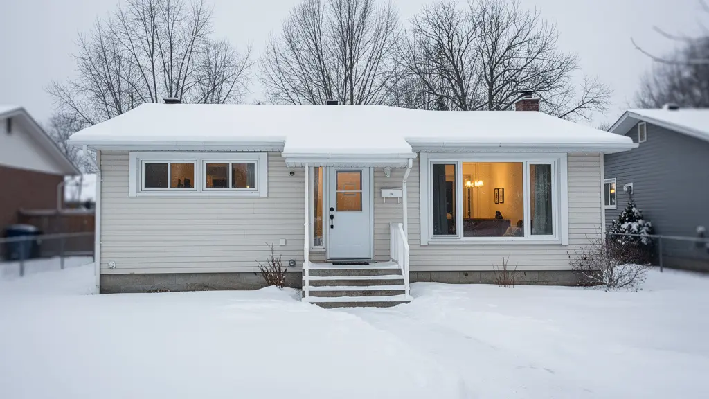 Maison québécoise en hiver avec fenêtres modernes PVC visibles et lumière intérieure chaleureuse