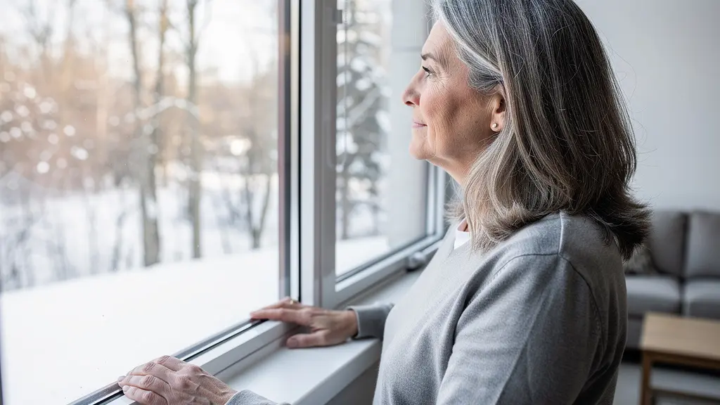 Femme propriétaire regardant par sa nouvelle fenêtre triple vitrage avec expression sereine