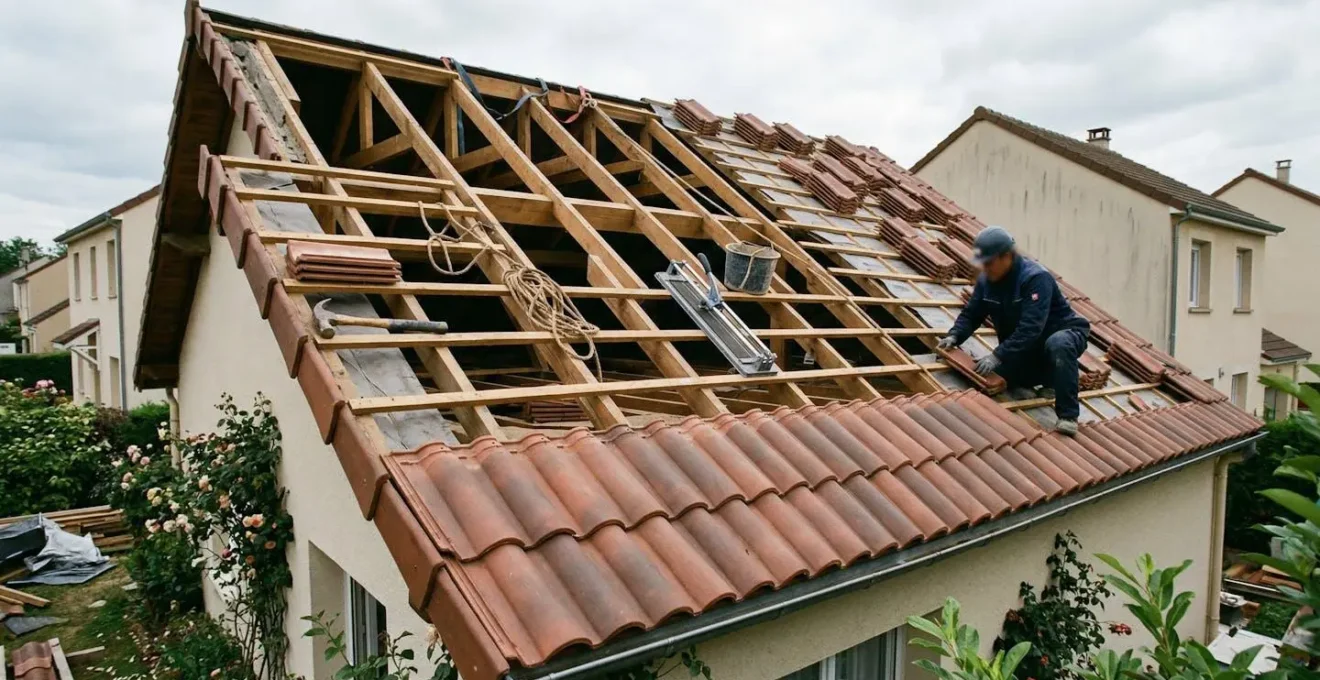 Chantier de rénovation de toiture en cours avec tuiles partiellement posées, outils visibles sur la charpente, vue depuis le jardin de la maison sous ciel couvert