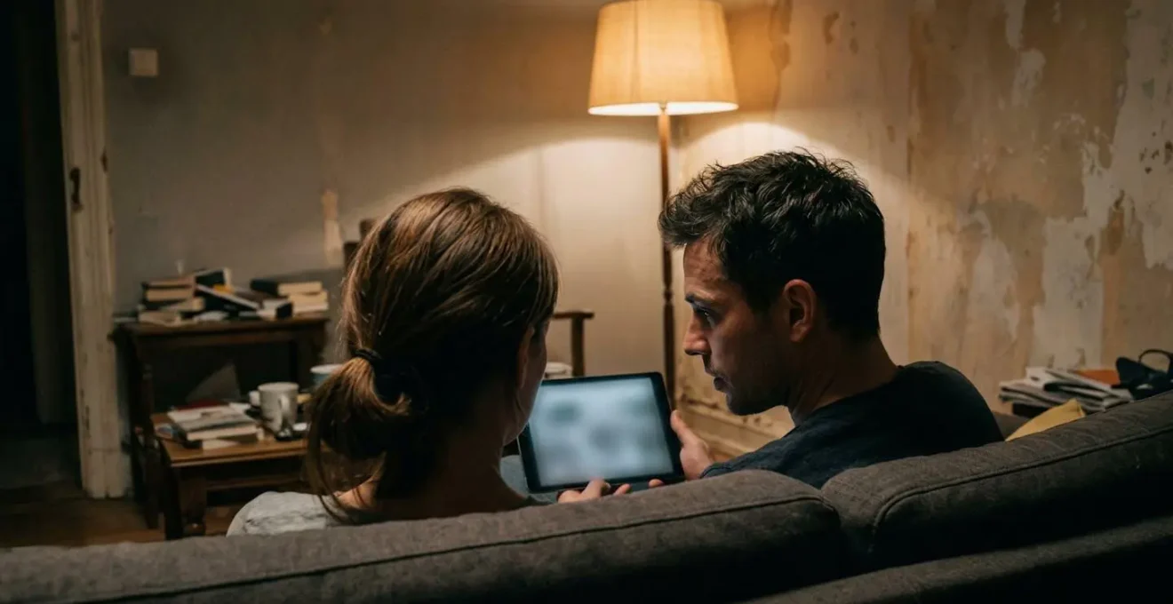 Couple assis dans leur salon regardant ensemble une tablette, expression concentrée, murs défraîchis visibles en arrière-plan