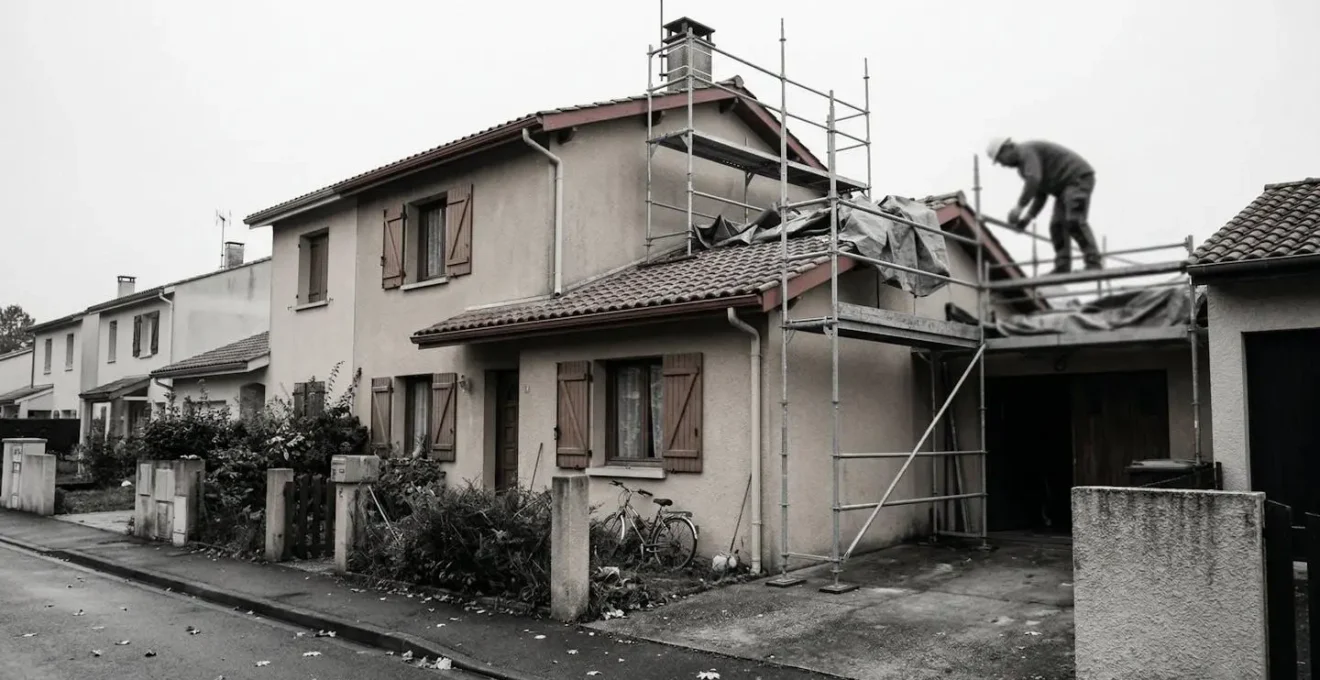 Vue extérieure d'une maison individuelle des années 80 avec un échafaudage partiel, artisan sur le toit en arrière-plan, quartier résidentiel du Sud-Ouest sous ciel nuageux