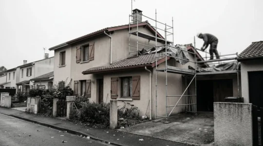 Vue extérieure d'une maison individuelle des années 80 avec un échafaudage partiel, artisan sur le toit en arrière-plan, quartier résidentiel du Sud-Ouest sous ciel nuageux