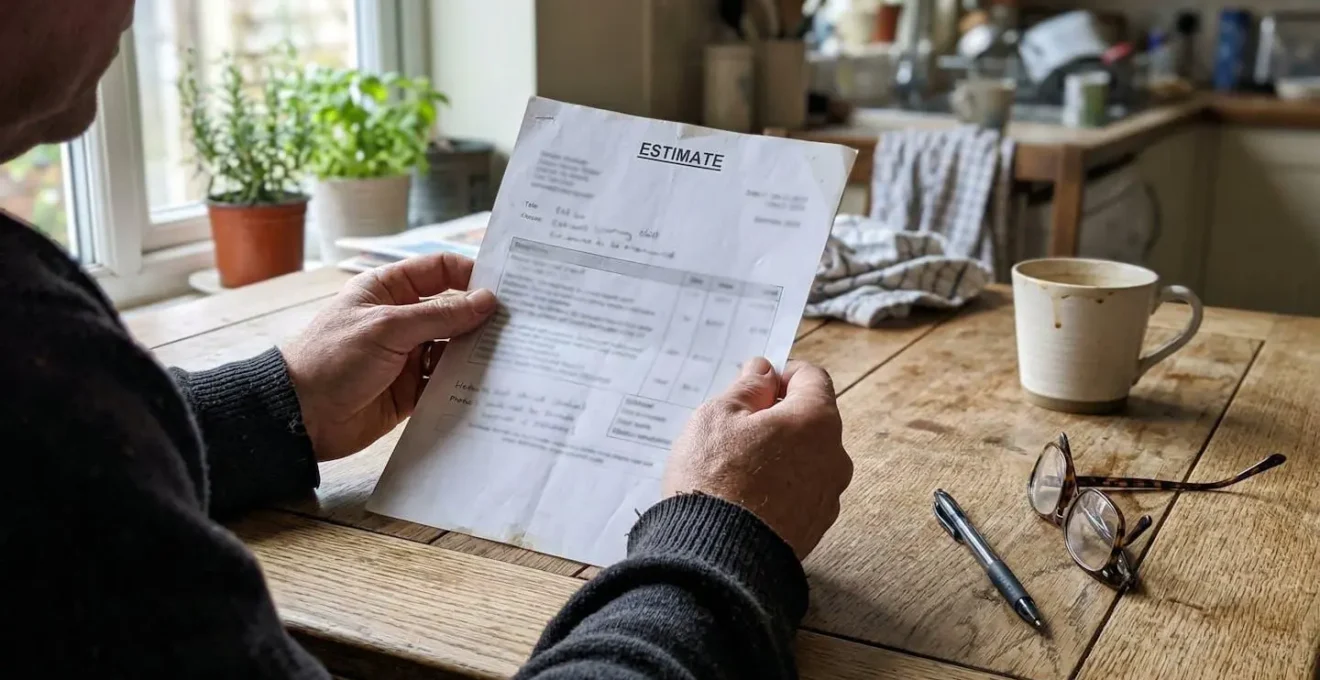 Mains d'un propriétaire tenant un devis papier sur une table de cuisine, stylo posé à côté, lunettes sur la table, ambiance domestique lumineuse