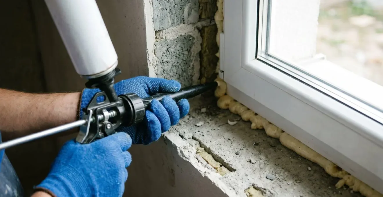 Installateur posant un joint d'étanchéité entre une fenêtre et le mur.