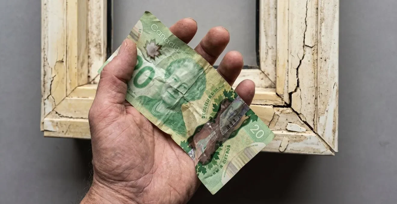 Main tenant un billet canadien à côté d'une fenêtre en PVC abîmée.