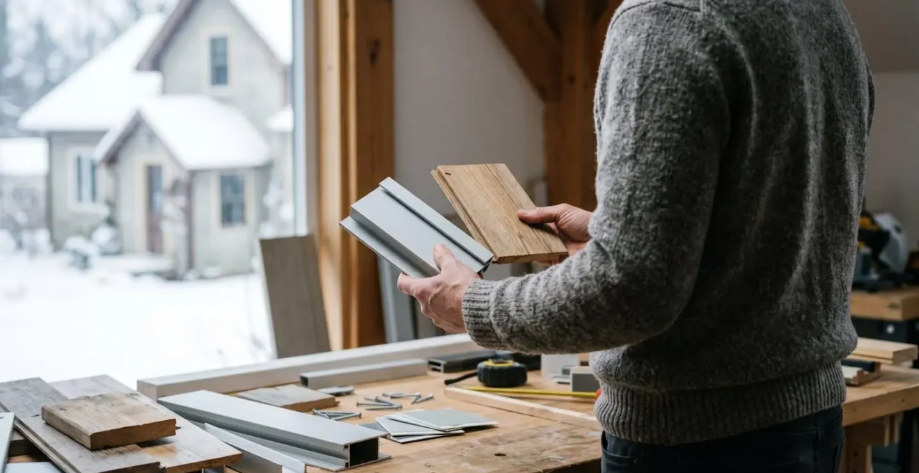 Propriétaire hésitant entre deux échantillons de fenêtres, aluminium et bois, dans un décor hivernal.