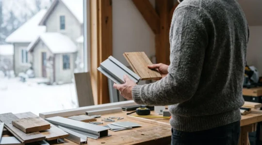 Propriétaire hésitant entre deux échantillons de fenêtres, aluminium et bois, dans un décor hivernal.