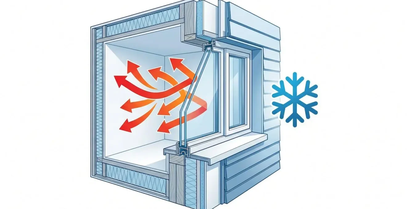 Schéma 3D d'une fenêtre isolée montrant les pertes de chaleur bloquées.