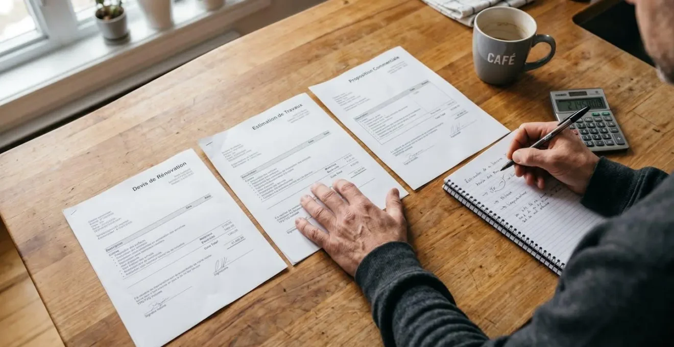 Vue aérienne de mains annotant et comparant trois soumissions de rénovation imprimées disposées côte à côte sur une table avec carnet de notes, calculatrice et café