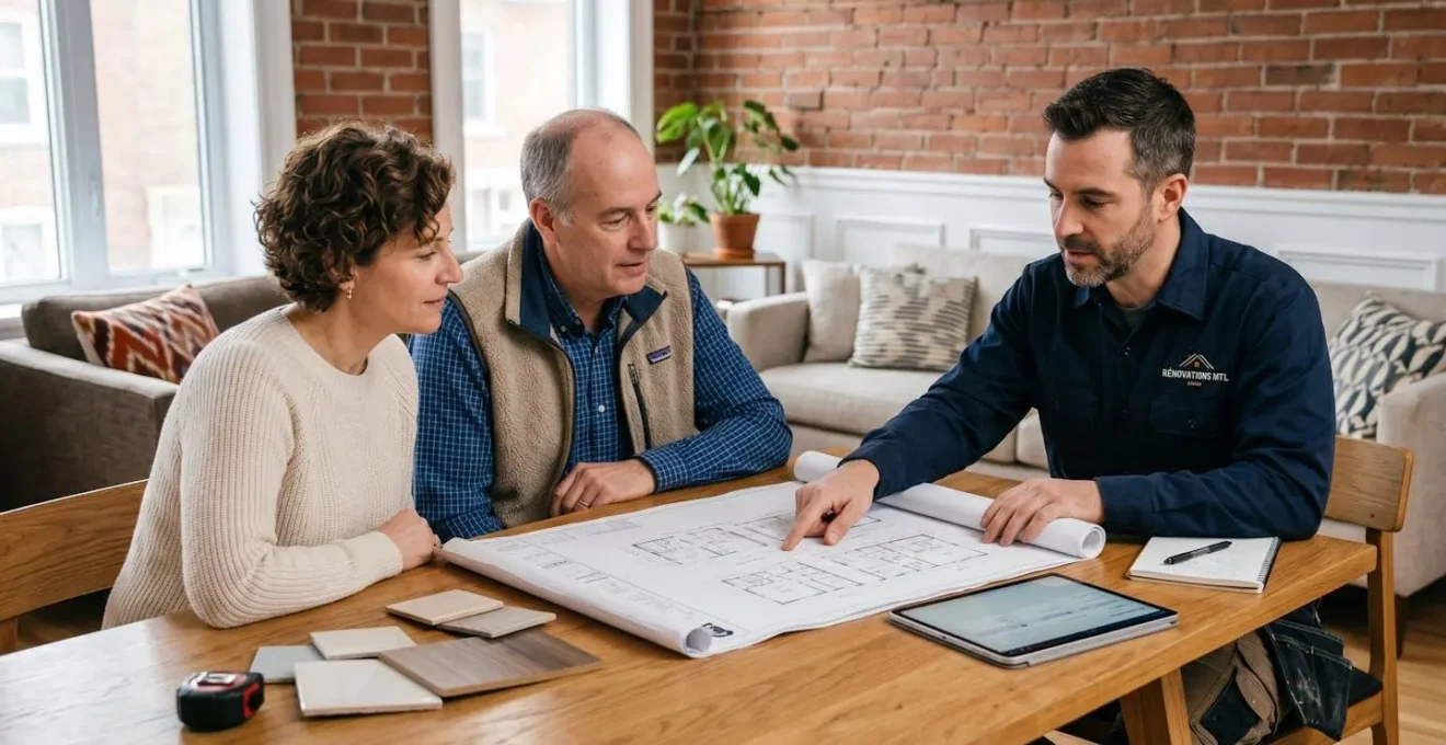 Couple de propriétaires montréalais consultant un entrepreneur général certifié autour d'une table avec plans de rénovation, échantillons de matériaux et tablette dans un intérieur résidentiel contemporain bien entretenu