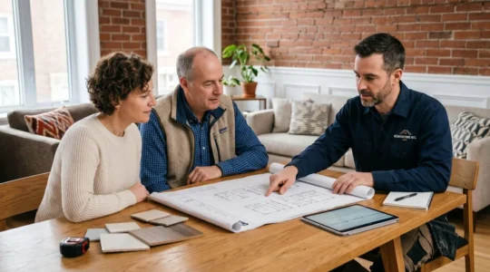 Couple de propriétaires montréalais consultant un entrepreneur général certifié autour d'une table avec plans de rénovation, échantillons de matériaux et tablette dans un intérieur résidentiel contemporain bien entretenu