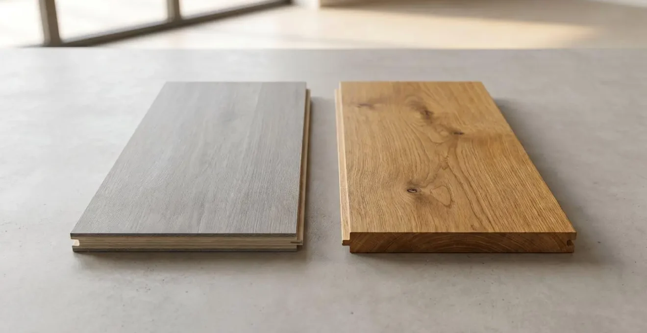 Deux échantillons de plancher comparés : plancher flottant et plancher de bois franc dans un intérieur résidentiel.