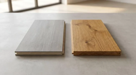 Deux échantillons de plancher comparés : plancher flottant et plancher de bois franc dans un intérieur résidentiel.