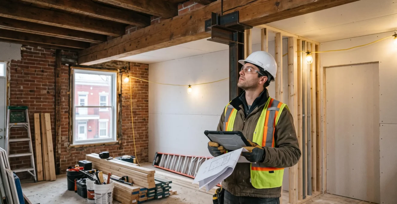 Entrepreneur général certifié avec casque de sécurité et tablette inspectant des éléments structuraux sur un chantier de rénovation résidentielle à Montréal avec briques apparentes et matériaux organisés