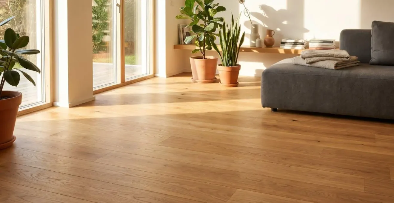 Salon contemporain avec plancher de bois franc installé, ambiance lumineuse et chaleureuse.