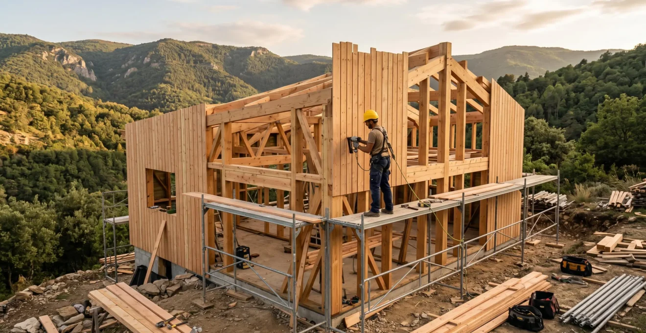 Chantier de construction d'une maison à ossature bois contemporaine avec structure apparente et ouvrier au travail dans un paysage montagneux de l'Ardèche