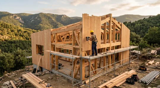 Chantier de construction d'une maison à ossature bois contemporaine avec structure apparente et ouvrier au travail dans un paysage montagneux de l'Ardèche