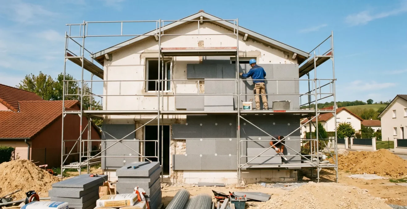 Chantier de rénovation d'une maison individuelle avec isolation thermique extérieure en cours, technicien installant des panneaux isolants sur échafaudage