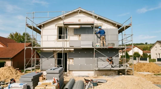 Chantier de rénovation d'une maison individuelle avec isolation thermique extérieure en cours, technicien installant des panneaux isolants sur échafaudage
