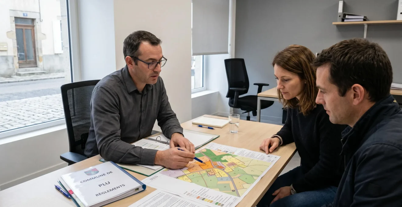 Consultation administrative en mairie avec agent montrant les documents PLU et cartes de zonage à des porteurs de projet de construction