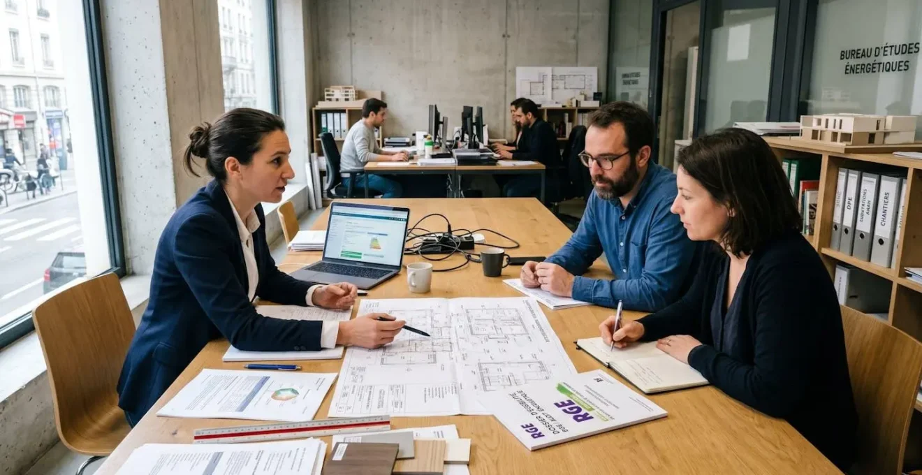 Consultation entre propriétaires et professionnel RGE autour de plans de rénovation énergétique