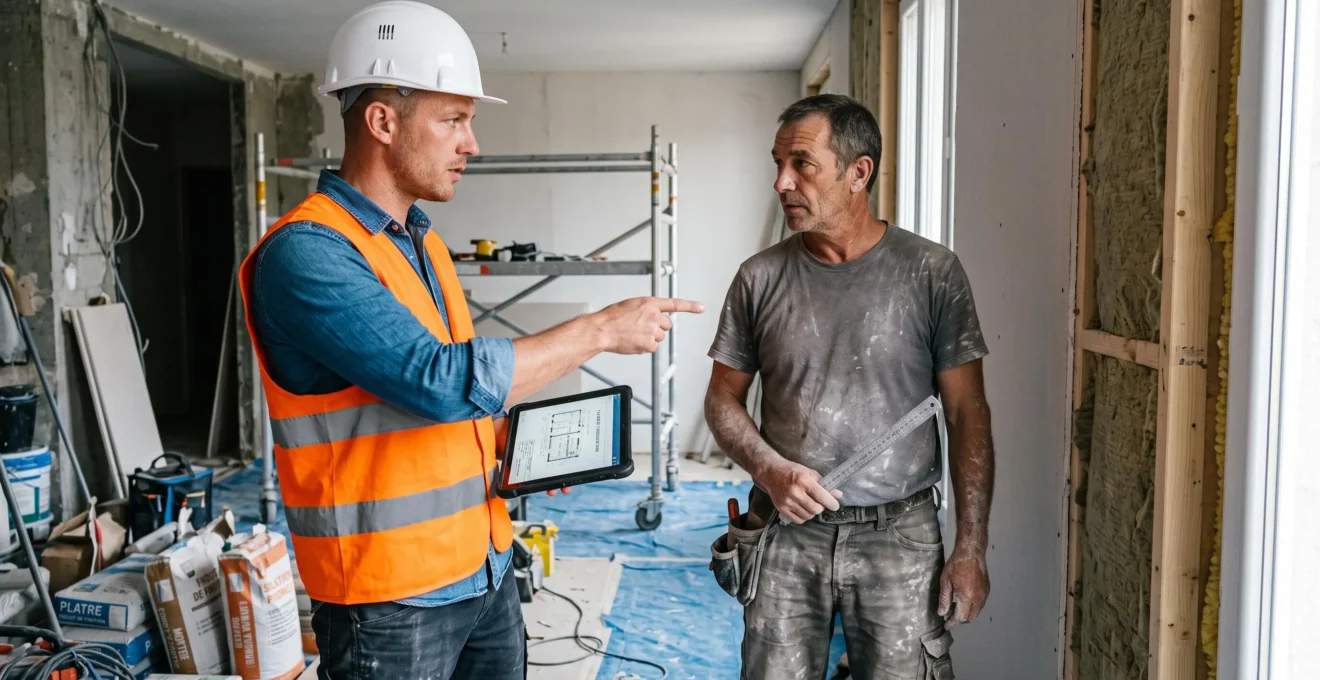 Un courtier en travaux équipé d'un casque et d'un gilet de sécurité, en discussion avec un artisan plaquiste sur un chantier de rénovation d'appartement