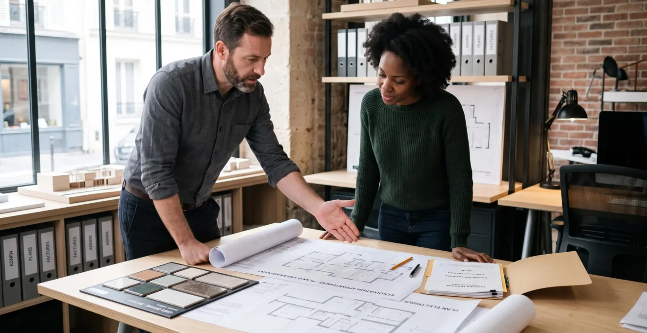 Un courtier en travaux et sa cliente debout autour d'une table de travail, examinant ensemble des plans de rénovation et des échantillons de matériaux dans une agence professionnelle