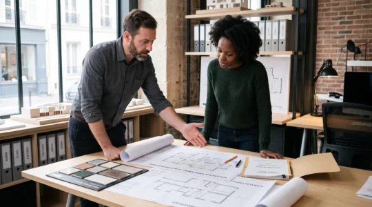 Un courtier en travaux et sa cliente debout autour d'une table de travail, examinant ensemble des plans de rénovation et des échantillons de matériaux dans une agence professionnelle