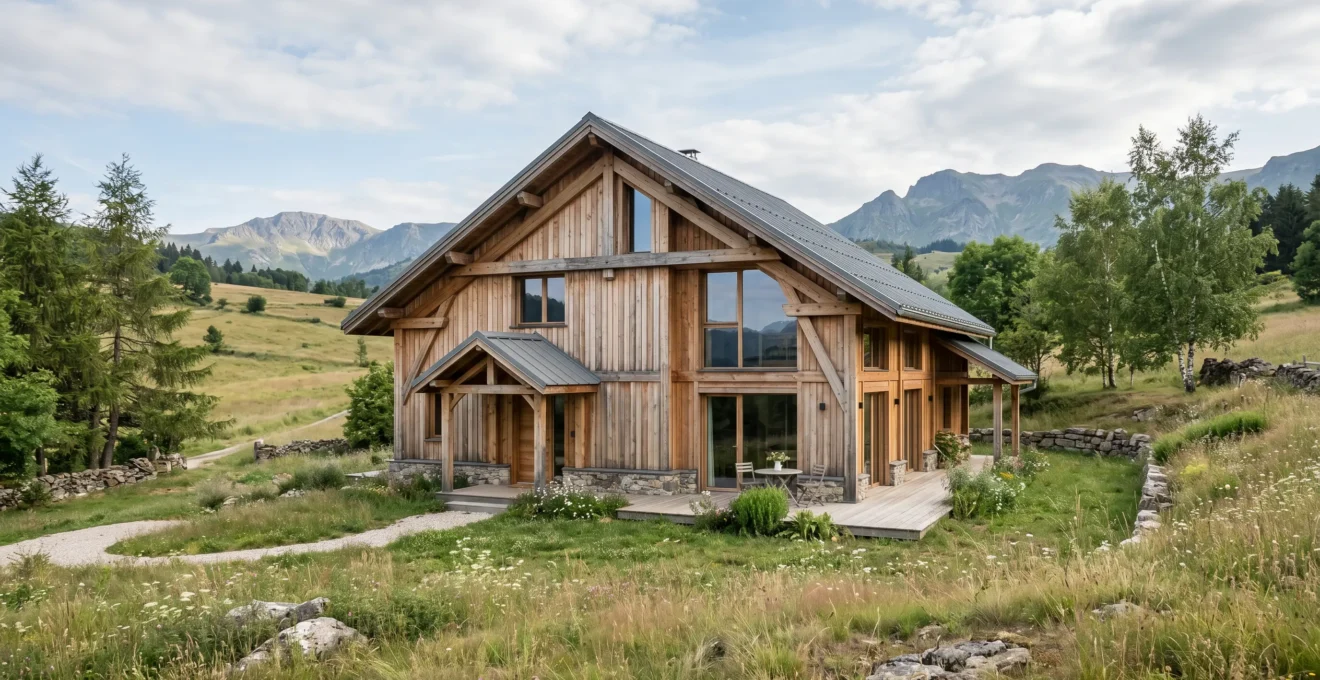 Maison traditionnelle en ossature bois avec toiture deux pans, bardage vertical en bois naturel et débords de toit marqués dans un paysage rural de Haute-Loire